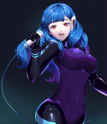  absurdres android black_background blue_hair breasts cowboy_shot female highres holding kira_miki large_breasts lipstick long_hair looking_at_viewer makeup mechanical_arms microphone open_mouth red_eyes rinno01 signature smile solo va-11_hall-a 