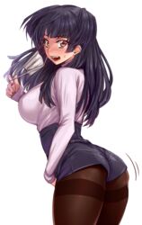  arched_back ass black_hair black_shorts blunt_bangs blush breasts brown_eyes brown_pantyhose commentary_request cowboy_shot female from_side hand_up high-waist_shorts idolmaster idolmaster_shiny_colors large_breasts long_hair long_sleeves looking_away looking_to_the_side mask mask_around_one_ear mask_pull mayuzumi_fuyuko mouth_mask namidame notice_lines open_mouth pantyhose pink_shirt pulling_own_clothes shirt shirt_tucked_in short_shorts shorts solo standing surgical_mask sweatdrop teeth thighband_pantyhose transparent_background two_side_up 