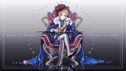  1boy blonde_hair blue_cape boots cape chair closed_mouth copyright_name crossed_legs crown english_text flower fur-trimmed_cape fur_trim gloves gradient_background hayami_hiro holding holding_sword holding_weapon king king_of_prism king_of_prism_by_prettyrhythm knee_boots male_focus orange_eyes petals photoshop_(medium) pretty_rhythm pretty_series puririririn rose sitting smile solo sword weapon white_gloves white_legwear yellow_flower yellow_rose 