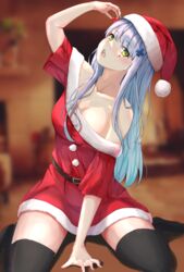  absurdres belt black_thighhighs blue_hair breasts cleavage dress female fireplace food fruit girls&#039;_frontline green_eyes hat highres hk416_(girls&#039;_frontline) long_hair open_mouth red_dress santa_costume santa_hat satsumaagee solo strawberry thighhighs 