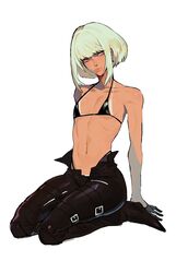  1boy absurdres androgynous bare_shoulders bikini bikini_top_only collarbone ennuigrl gloves green_hair half_gloves highres kneeling latex latex_legwear lio_fotia male_focus navel otoko_no_ko promare ribs short_hair solo swimsuit tan white_background 