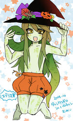  1boy barefoot colored_skin evra_von green_hair green_skin hat male_focus monster_boy omeome_ome open_mouth photoshop_(medium) puffy_shorts scales shorts smile snake solo the_saga_of_darren_shan witch_hat yellow_eyes 