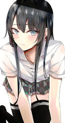  absurdres black_hair black_thighhighs blue_eyes blush breasts commentary female highres ka1se1 long_hair looking_at_viewer plaid plaid_skirt ribbon school_uniform shirt simple_background skirt sobu_high_school_uniform solo thighhighs white_background white_shirt yahari_ore_no_seishun_lovecome_wa_machigatteiru. yukinoshita_yukino zettai_ryouiki 