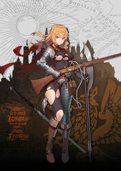  armor bad_link bardiche_(weapon) blue_eyes bolt_action boots breasts brown_footwear cape character_name closed_mouth damaged fangdan_runiu female gauntlets girls&#039;_frontline gun holding holding_gun holding_weapon large_breasts long_hair medieval mosin-nagant mosin-nagant_(blade_of_white_steel)_(girls&#039;_frontline) mosin-nagant_(girls&#039;_frontline) official_alternate_costume official_art plate_armor polearm promotional_art red_cape rifle sidelocks solo standing sword torn_cape torn_clothes torn_legwear weapon 