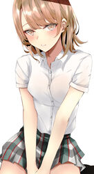  absurdres blush breasts brown_eyes brown_hair commentary female highres isshiki_iroha ka1se1 looking_at_viewer medium_breasts open_mouth plaid plaid_skirt school_uniform shirt short_hair short_sleeves simple_background skirt smile sobu_high_school_uniform solo white_background white_shirt yahari_ore_no_seishun_lovecome_wa_machigatteiru. 