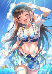  anchor_symbol arm_ribbon arm_up belt bikini blue_belt blue_bikini blue_skirt blue_sky blue_wrist_cuffs breasts brown_hair cleavage cloud collarbone cowboy_shot crop_top cropped_shirt day dot_nose female front-tie_bikini_top front-tie_top headset heart heart_tattoo highres idolmaster idolmaster_cinderella_girls idolmaster_cinderella_girls_starlight_stage jewelry long_hair looking_at_viewer multiple_bracelets navel necklace nitta_minami one_eye_closed open_hand outstretched_arm print_skirt ribbon shinonoko_(tubamecider) shirt short_sleeves shorts shorts_under_skirt skirt sky solo splashing standing sunlight swimsuit tattoo visor_cap wet white_ribbon white_shirt white_shorts wrist_cuffs 