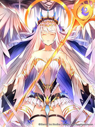  angel_wings breasts cleavage detached_sleeves eternal_wars facing_viewer feathered_wings female gold_trim highres indoors medium_breasts midriff official_art staff standing sysen thigh_strap thighhighs white_hair wings 