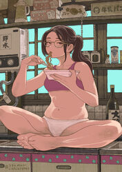  artist_name bare_arms bare_legs barefoot bottle brown_eyes brown_hair butterfly_sitting catcar0983 chains chopsticks commentary_request cup_ramen eating feet female food food_in_mouth full_body glasses half-closed_eyes hands_up highres holding holding_chopsticks indoors instant_soba kitchen knees_apart_feet_together legs_folded long_hair looking_at_viewer navel noodles original panties pink_sports_bra ponytail sake_bottle shelf single_sidelock sitting soles solo sports_bra stomach toes twitter_username underwear underwear_only water_heater white_panties window yakisoba 