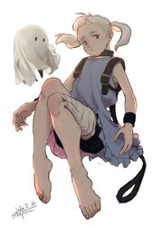  bad_id bad_pixiv_id bandaged_leg bandages bangs_pinned_back bare_shoulders barefoot black_collar bloomers closed_mouth collar cuffs dated dress feet female fio_(nier) full_body grey_eyes hanpen_(higepiyo) long_hair looking_at_viewer mama_(nier) nier_(series) nier_reincarnation simple_background sleeveless sleeveless_dress twintails underwear white_background white_dress 