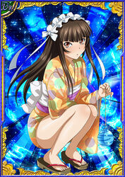  back_bow blush bow brown_eyes brown_hair card_(medium) collarbone female floating_hair full_body headdress holding ikkitousen japanese_clothes kimono long_hair looking_at_viewer official_art parted_lips print_kimono shiny_skin short_kimono solo squatting ten&#039;i_(ikkitousen) very_long_hair water_yoyo white_bow yellow_kimono yukata 