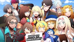  ! !! 4boys 6+girls amicia_michella animal_ears anniversary azura_cecillia black_hair blonde_hair blue_hair blush bonnivier_pranaja bow brown_hair closed_eyes cloud dreamerrii english_text etna_crimson glasses grey_hair hairband hairbow hana_macchia hat highres holding holding_sign layla_alstroemeria looking_at_another looking_at_viewer miyu_ottavia multicolored_hair multiple_boys multiple_girls nara_haramaung nijisanji nijisanji_id one_eye_closed outstretched_arm penguin_hat rai_galilei riksa_dhirendra sign siska_leontyne sky smile striped_hair stuffed_animal stuffed_penguin stuffed_toy surprised taka_radjiman tiger_ears tiger_stripes virtual_youtuber zea_cornelia 