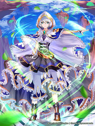  aqua_eyes artist_name belt black_skirt blue_cape blue_sky brooch brown_footwear cape cloud commentary_request elementra female floating_island frills frown full_body gold_trim jewelry leaf looking_at_viewer motion_blur official_art short_hair skirt sky standing sysen watermark white_cape white_hair white_sky 