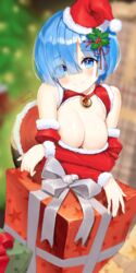  alternate_costume bad_id bad_pixiv_id bare_shoulders bent_over blue_eyes blue_hair blush box breasts cleavage dopoing dress eyes_visible_through_hair female gift gift_box hair_ornament hair_over_one_eye highres holly_hair_ornament large_breasts looking_at_viewer re:zero_kara_hajimeru_isekai_seikatsu red_dress red_headwear rem_(re:zero) ribbon santa_dress shiny_skin short_hair smile solo x_hair_ornament 