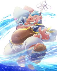  1boy animal_ears bara bead_necklace beads belly blue_hair boar_boy boar_ears brown_fur bulge full_body furry furry_male ganglie_(housamo) highres holding holding_staff hydrokinesis jewelry leg_up looking_at_viewer male_focus muscular muscular_male necklace nunutarou open_hand pectoral_cleavage pectorals plump short_hair smile snout solo staff tokyo_afterschool_summoners tusks water 