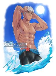  1boy abs arms_up bara black_male_swimwear blue_eyes closed_mouth dark-skinned_male dark_skin exelionstar highres large_pectorals legskin male_focus male_swimwear muscular muscular_male navel nipples ocean original pectorals short_hair solo starfish topless_male water wet white_hair 