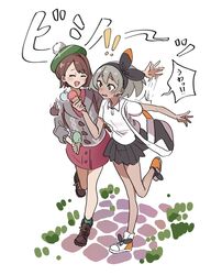  2girls absurdres backpack bag bea_(pokemon) black_hairband black_skirt blush boots brown_footwear brown_hair cardigan collared_shirt commentary_request dark-skinned_female dark_skin dress food gloria_(pokemon) green_headwear green_legwear grey_cardigan grey_hair hairband hat highres holding holding_food ice_cream_cone juralumin multiple_girls open_mouth patting_back pink_dress pleated_skirt pokemon pokemon_swsh shirt shoes short_hair short_sleeves skirt smile socks speech_bubble standing standing_on_one_leg tam_o&#039;_shanter translation_request white_shirt 