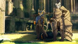  16:9 2022 anthro armor artorias_the_abysswalker avian black_hair blue_eyes blue_hair clothed clothing dark_souls digital_media_(artwork) duo felid female feretta fromsoftware fur grey_body grey_fur gryphon hair havel_the_rock hi_res male mammal melee_weapon mythological_avian mythological_creature mythology nahla outside pantherine shaded shield sword tiger toumai_(toumai) weapon white_body white_fur widescreen yellow_eyes 