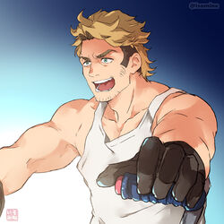  1boy bara black_gloves blonde_hair brown_hair facial_hair gagumber gloves green_eyes isomine male_focus mature_male multicolored_hair muscular muscular_male open_mouth sakugan short_hair sideburns smile solo tank_top two-tone_hair undercut white_tank_top 