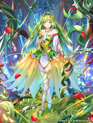  artist_name breasts cleavage dress elementra fantasy female fingerless_gloves flower forest full_body gloves grass green_dress green_footwear green_hair hair_flower hair_ornament hand_up jewelry long_hair looking_at_viewer medium_breasts nature necklace official_art outdoors petals plant red_eyes standing sysen thighhighs very_long_hair vines watermark white_gloves white_legwear 