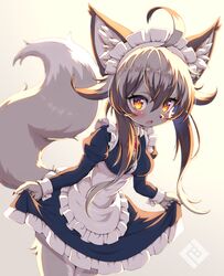  2020 4_fingers ahoge anthro apron blush breasts canid canine claws clothed clothing clothing_lift curtsey cute_fangs digital_media_(artwork) dipstick_tail dress dress_lift fangs female female_anthro fingers fluffy fluffy_tail fox fur glistening glistening_hair grey_background grey_body grey_ears grey_fur grey_hair grey_tail hair hi_res inner_ear_fluff kemono looking_at_viewer maid_headdress maid_uniform mammal markings multicolored_body multicolored_fur multicolored_hair multicolored_tail open_mouth portrait signature simple_background solo tail tail_markings teeth three-quarter_portrait tsu_ji tuft uniform white_body white_fur white_hair white_tail yellow_eyes 