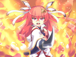  bare_shoulders commentary deni_m detached_sleeves dress female fiery_background fire floating_hair hair_ornament hair_ribbon holding holding_sword holding_weapon jouizumi_masamune katana official_alternate_costume open_mouth pointing_sword popped_collar red_eyes red_hair ribbon solo sword teeth tenka_hyakken two_side_up weapon white_dress wide_sleeves 