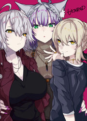  3girls :o absurdres ahoge animal_ear_fluff animal_ears artoria_pendragon_(fate) atalanta_(fate) atalanta_alter_(fate) black_sweater braid breasts brown_jacket brown_sweater cat_ears closed_mouth commentary_request fate/apocrypha fate/grand_order fate/stay_night fate_(series) fingernails green_eyes grey_hair hair_between_eyes highres jacket jeanne_d&#039;arc_alter_(avenger)_(fate) jeanne_d&#039;arc_alter_(fate) jewelry kirishina_(raindrop-050928) large_breasts light_brown_hair looking_at_viewer looking_back multicolored_hair multiple_girls nail_polish open_clothes open_jacket parted_lips photoshop_(medium) pink_nails purple_hair red_background ribbed_sweater ring saber_alter short_sleeves sidelocks signature simple_background slit_pupils smile streaked_hair sweater thick_eyebrows turtleneck turtleneck_sweater yellow_eyes 