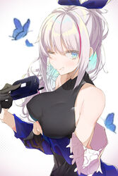  alternate_costume black_dress black_gloves blue_butterfly blue_eyes breast_hold breasts bug butterfly cellphone dress e_sky_rugo female flip_phone girls&#039;_frontline gloves grey_hair half_gloves highres holding holding_phone large_breasts long_hair looking_at_viewer mdr_(cocktail_observer)_(girls&#039;_frontline) mdr_(girls&#039;_frontline) multicolored_hair official_alternate_costume one_eye_closed phone pink_hair ponytail sidelocks smile solo streaked_hair 