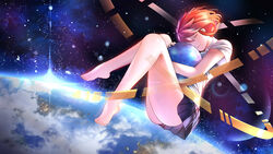  ball barefoot black_skirt cloud commentary_request earth_(planet) female full_body highres holding holding_ball hug knees_up lens_flare original planet red_hair shirt short_sleeves skirt sky solo space star_(sky) starry_sky sysen white_shirt 