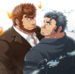  2boys bara beard blue_coat blue_eyes blue_hair brown_coat brown_eyes brown_hair closed_mouth coat facial_hair fire jinn_(housamo) long_sideburns looking_at_viewer male_focus mature_male multiple_boys muscular muscular_male shirt short_hair sideburns stubble sunfight0201 tokyo_afterschool_summoners triton_(housamo) unibrow water white_shirt 