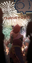  4girls absurdres aerial_fireworks ahoge amane_kanata animal_ears blue_hair braid closed_eyes dragon_girl dragon_tail facing_away fireworks from_behind gradient_hair green_hair hair_bun hair_over_shoulder hand_on_own_hip highres hololive horn_ornament horn_ribbon horns japanese_clothes kimono kiryu_coco kiryu_coco_(new_year) long_hair long_sleeves minecraft multicolored_hair multiple_girls obi orange_hair outdoors parted_lips pink_hair print_kimono rabbit_ears rabbit_girl red_kimono ribbon sash short_eyebrows single_bare_shoulder smile standing striped striped_ribbon tail thank_you thick_eyebrows uruha_rushia usada_pekora virtual_youtuber white_hair xiaoju_xiaojie 