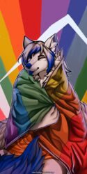  1:2 absurd_res amber_puppy ambiguous_gender anthro aslly black_eyebrows blue_claws blue_eyes blue_hair blue_nose blue_tail blue_tongue canid canine canis claws ear_tuft eyebrows flag fur hair herm_(lore) hi_res lgbt_pride mammal one_eye_closed pride_color_background pride_color_flag pride_colors rainbow rainbow_flag rainbow_pride_colors rainbow_pride_flag rainbow_symbol simple_background six-stripe_rainbow_pride_colors smile solo tail tongue tongue_out tuft wearing_flag white_body white_ears white_fur white_hair white_tail wink wolf 