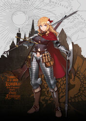  armor axe bad_link bardiche_(weapon) blonde_hair blue_eyes bolt_action boots breasts brown_footwear cape clothing_cutout fangdan_runiu female full_body gauntlets girls&#039;_frontline gun hair_ornament knight large_breasts long_hair medieval mosin-nagant mosin-nagant_(blade_of_white_steel)_(girls&#039;_frontline) mosin-nagant_(girls&#039;_frontline) multiple_weapons navel navel_cutout official_alternate_costume official_art over_shoulder plate_armor polearm pouch promotional_art red_cape rifle sidelocks smile solo standing sword weapon weapon_over_shoulder 