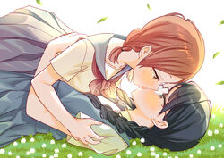  2girls aoi_hana black_hair braid eye_contact falling_leaves french_kiss glasses grass hug kissing leaf light looking_at_another lying lying_on_another manjoume_fumi multiple_girls okudaira_akira on_back on_grass orange_hair school_uniform tachi_(gutsutoma) twin_braids yuri 