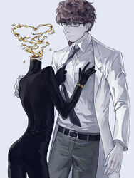  1boy 1other barbata belt biker_clothes bikesuit black_bodysuit black_necktie bodysuit bracelet brown_hair celty_sturluson celty_sturluson_(cosplay) closed_mouth collared_shirt commentary cosplay couple cowboy_shot dress_shirt durarara!! english_commentary facial_hair glasses glint goatee gold grey_background grey_pants hand_on_another&#039;s_chest hand_on_another&#039;s_shoulder hands_up headless heart highres houseki_no_kuni jewelry kishitani_shinra kishitani_shinra_(cosplay) lab_coat light_smile liquid liquid_metal long_sleeves looking_at_another necktie necktie_grab neckwear_grab pants phosphophyllite phosphophyllite_(ll) shirt short_hair sideburns simple_background sparkle white_shirt zakirsiz 