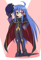  :3 ahoge blue_hair cape code_geass commentary_request cosplay female geass green_eyes helmet izumi_konata lelouch_vi_britannia lelouch_vi_britannia_(cosplay) long_hair lucky_star mole mole_under_eye mukaibi_aoi solo very_long_hair zero_(code_geass) zero_(code_geass)_(cosplay) 