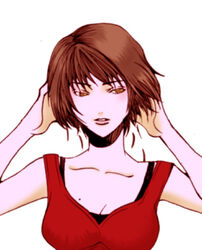  arc_the_lad arc_the_lad_twilight_of_the_spirits breasts brown_eyes brown_hair female large_breasts lowres mole mole_on_breast ni_kae_te_kudasai paulette_(arc_the_lad) solo 