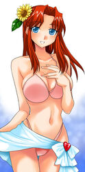  bad_id bad_pixiv_id bikini blue_eyes blue_sarong breasts cleavage clothes_lift commentary_request female flay_allster flower gundam gundam_seed large_breasts long_hair pink_bikini red_hair sarong sarong_lift solo sunflower swimsuit tooru_jin 