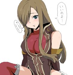  bare_shoulders blue_eyes blush breasts brown_arm_warmers brown_hair female hair_over_one_eye long_hair looking_at_viewer medium_breasts sima simple_background solo speech_bubble tales_of_(series) tales_of_the_abyss tear_grants thighhighs translated white_background 