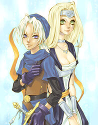  1boy blonde_hair breasts brother_and_sister circlet cleavage commentary_request dragon_quest dragon_quest_vi dress female green_eyes himekawa_donki large_breasts long_hair mireyu siblings sword terry_(dq6) weapon 