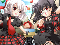  2girls balloon belt black_hair cross day dress earrings fishnet_thighhighs fishnets flat_chest game_cg gift glasses gloves goth_fashion gothic_lolita hair_ribbon happy jewelry jpeg_artifacts lolita_fashion multiple_girls natsuki_(komorebi) nayuta_(triptych) necktie nimura_yuuji orange_eyes outdoors plaid plaid_skirt ribbon riona_(triptych) shopping short_hair skirt sweatdrop thighhighs triptych vest white_hair zettai_ryouiki 