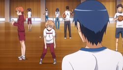  3girls 5boys aisaka_taiga animated animated anime_screenshot braid brown_eyes brown_hair gym_uniform kihara_maya multiple_boys multiple_girls takasu_ryuuji toradora! twin_braids 