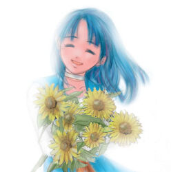  blue_hair bouquet choker closed_eyes collarbone commentary_request dragon_quest dragon_quest_vi dress facing_viewer female floating_hair flower gaomoo holding holding_bouquet holding_flower long_sleeves lowres medium_hair open_mouth smile solo sunflower tania_(dq6) upper_body white_choker yellow_flower 