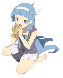  blue_hair blunt_bangs commentary_request female food hair_tubes hayato_(meromoni) kannagi long_hair nagi_(kannagi) pleated_skirt skirt solo taiyaki wagashi white_skirt 