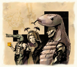  2boys animal_costume big_boss caloriemate commentary_request crocodile crocodile_cap crocodilian female halloween highres ikuyoan major_zero metal_gear_(series) metal_gear_solid_3:_snake_eater multiple_boys naked_snake para-medic_(mgs3) photoshop_(medium) snake snake_costume suspenders the_sorrow tsuchinoko v 