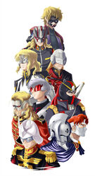  6+boys bad_id bad_pixiv_id cape carozzo_ronah char_aznable chronicle_asher epaulettes full_frontal g_gundam graham_aker gundam gundam_00 gundam_f91 gundam_seed gundam_seed_destiny gundam_unicorn gundam_wing harry_ord highres in-franchise_crossover male_focus mask mister_bushido mu_la_flaga multiple_boys ninja rau_le_creuset schwarz_bruder spikes sunglasses sword trait_connection turn_a_gundam victory_gundam weapon yone zechs_merquise 