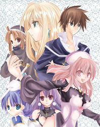  2boys 4girls :d alouette_(la_pucelle) artist_request blonde_hair blush breasts brown_hair cleavage croix_raoul culotte dark_eclair detached_collar eclair_(la_pucelle) green_eyes hat la_pucelle looking_at_viewer medium_breasts multiple_boys multiple_girls open_mouth pink_eyes pink_hair prier profile purple_hair red_eyes small_breasts smile 