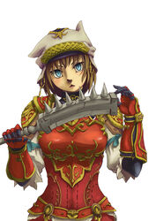  arm_guards armor bad_id bad_pixiv_id black_gloves blue_eyes breasts brown_hair cat_girl club_(weapon) crack female final_fantasy final_fantasy_xi gloves gold_trim hands_up hat head_tilt holding holding_club holding_weapon looking_at_viewer medium_breasts mihli_aliapoh mithra_(ff11) oerba_yun_fang puffy_sleeves red_armor short_hair shoulder_armor simple_background slit_pupils solo spikes suzuno_(bookshelf) triangle_mouth turtleneck weapon white_background white_hat 