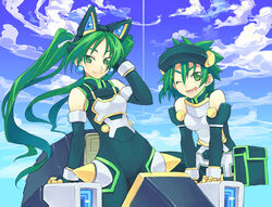  2girls animal_ears cat_ears commentary_request diana_(shinrabanshou) green_hair long_hair mechanical_ears multiple_girls one_eye_closed pygmalion shigehiro_(hiroi_heya) shinrabanshou short_hair siblings sisters smile twintails 