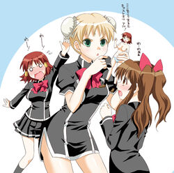  3girls aloe_(quiz_magic_academy) bad_id bad_pixiv_id blonde_hair blush brown_hair bun_cover character_cutout double_bun green_eyes hair_bun mattaku_mousuke multiple_girls nose_blush panties paper_doll quiz_magic_academy red_hair ruquia school_uniform short_hair skirt striped_clothes striped_panties topless twintails underwear underwear_only unworn_skirt yang_yang 