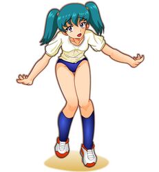  blue_buruma buruma female green_hair gym_uniform honjou_mikaze imageboard_desourced non-web_source purple_eyes short_hair solo stratos_4 twintails 